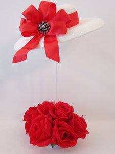Red roses hat centerpiece - Designs by Ginny