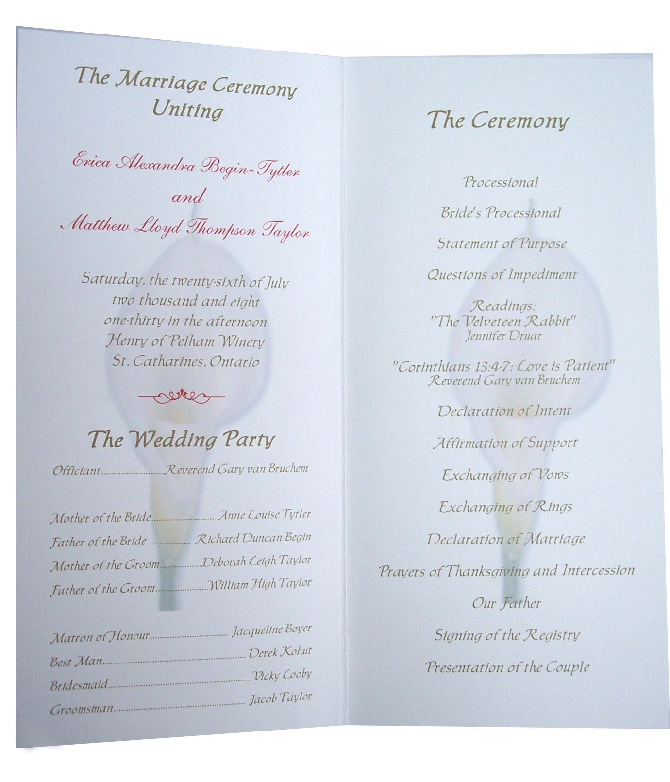 Calla Lily Wedding Program - Designs by Ginny