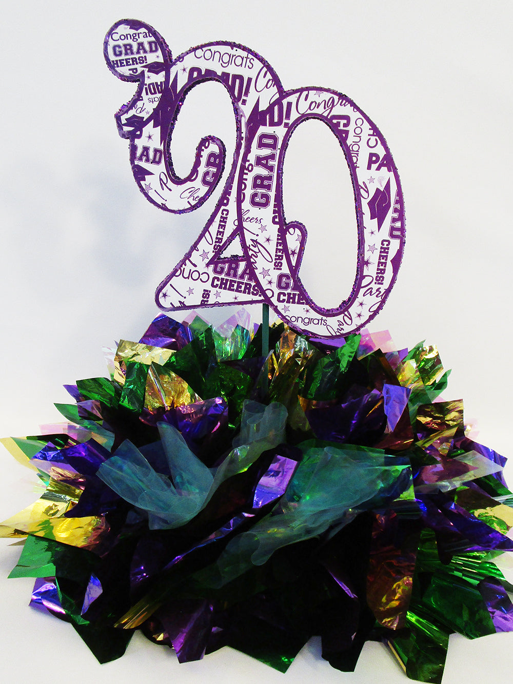 Purple, green & Gold & iridescent graduation centerpiece- designs by Ginny