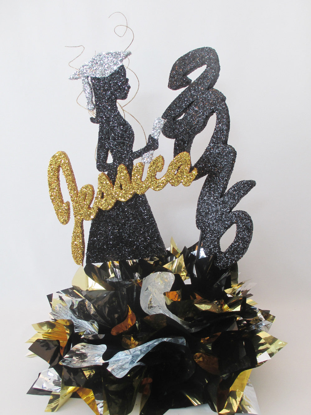 Grad Girl Silhouette, Name, Year, Metallic Base Graduation Centerpiece Sample