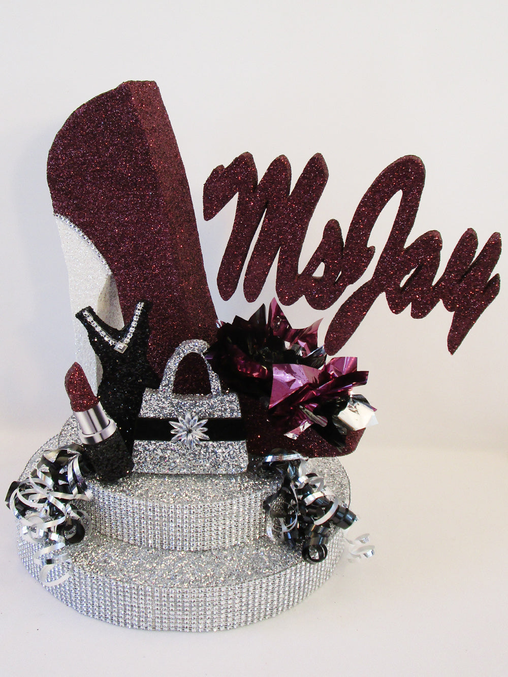 High Heel Shoe with Rhinestone Base, Lipstick, Dress and Purse Cutout