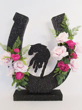 Load image into Gallery viewer, Large black styrofoam horseshoe with silk roses and horse cutout - Designs by Ginny
