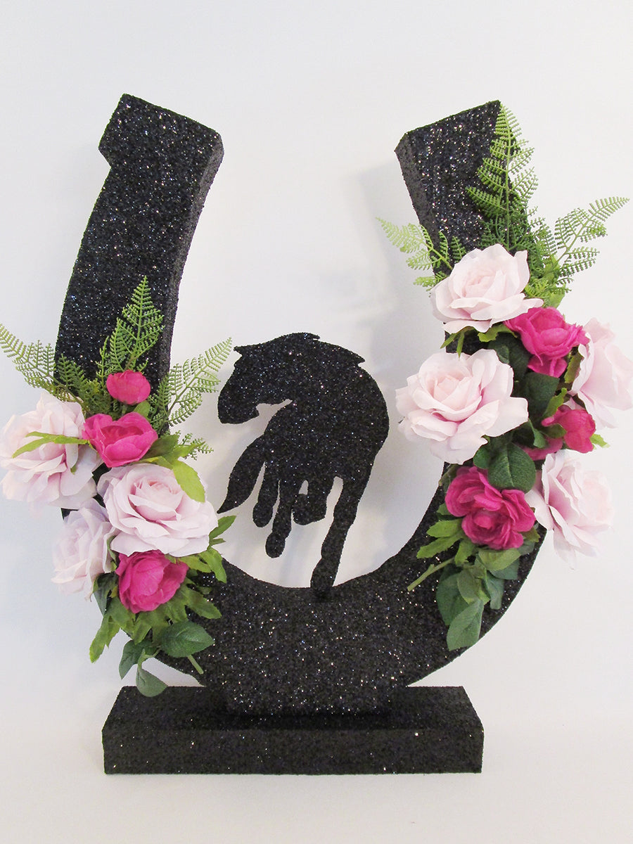 Large Black Horseshoe with Silk Roses & Horse cutout