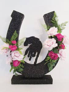 Large black styrofoam horseshoe with silk roses and horse cutout - Designs by Ginny