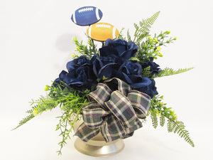 Navy Silk Roses and Mini Footballs centerpiece - Designs by Ginny