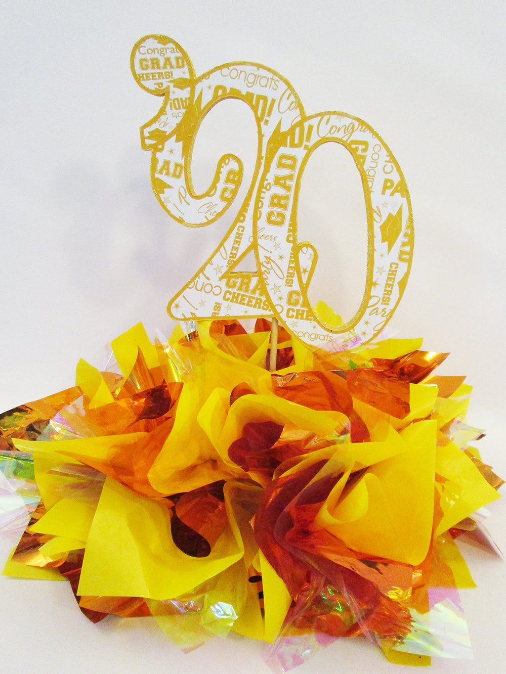 Orange, Yellow & Iridescent graduation centerpiece - Designs by Ginny