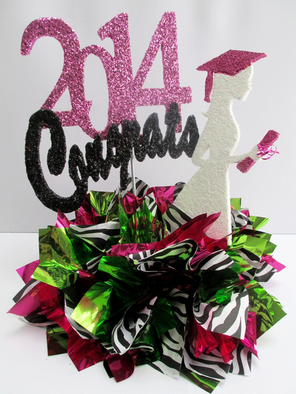 2014 graduation centerpieces- zebra stripes, fuchsia and lime green