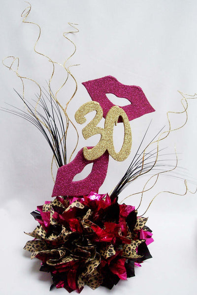 30th birthday centerpiece with leopard and smoochy lips