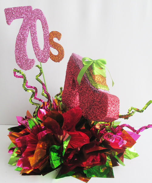 Fun colorful 70's themed party table centerpieces