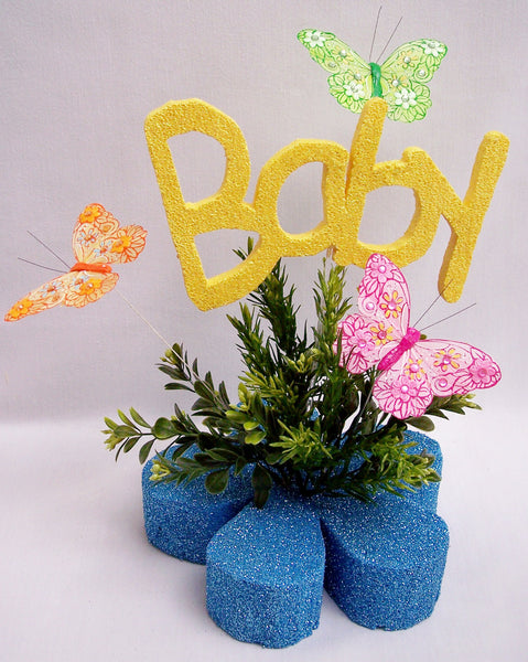 Colorful baby shower centerpiece with butterflies