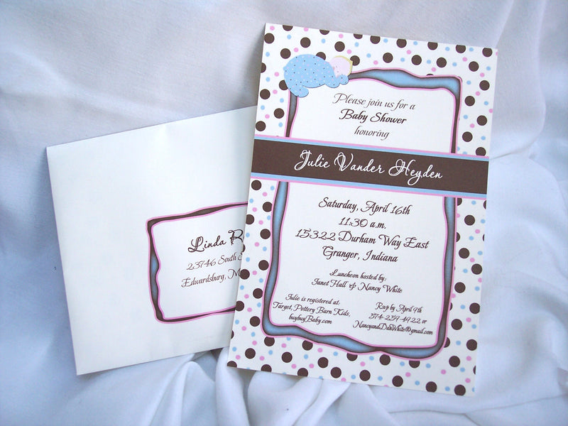 Baby shower invite-blue,brown & pink dots or multi-color dots