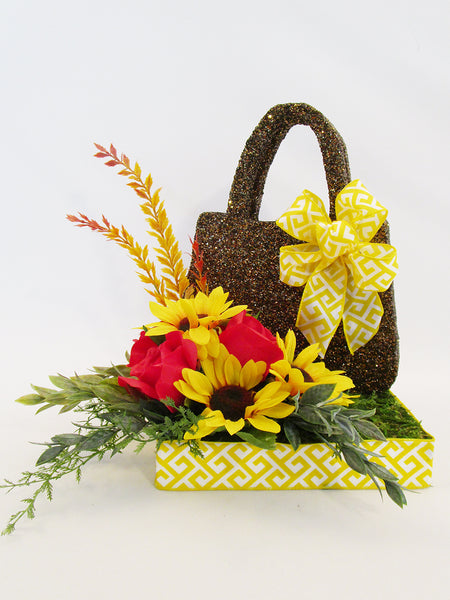 Super cute and unique faux purse silk floral centerpieces