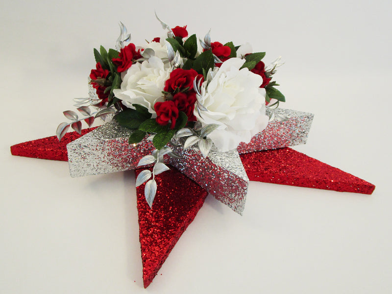 Silk Floral Centerpieces with Red Roses, Geraniums and stars