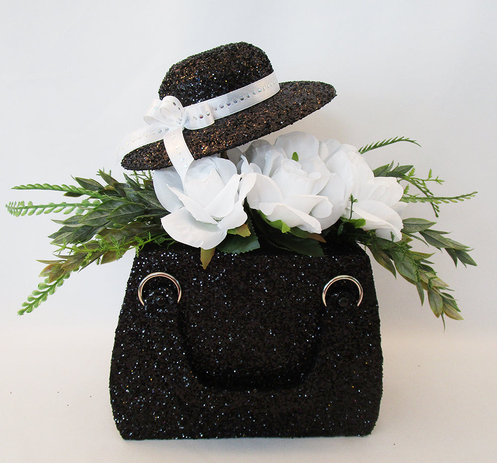 Floral purse with hat table centerpiece - Designs by Ginny