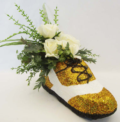 Floral gold shoe centerpiece - Designs by Ginny