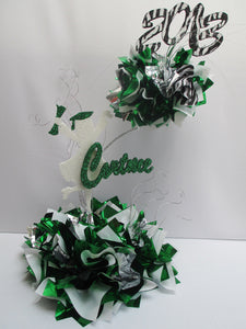 Green & white metallic tissue 2 tier graduation centerpiece - Designs by Ginny