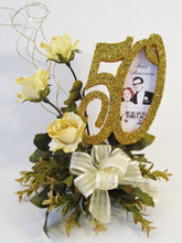 Load image into Gallery viewer, 50th anniversary centerpiece with gold roses &amp; picture- Designs by Ginny
