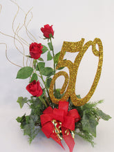 Load image into Gallery viewer, 50th anniversary centerpiece with gold 50 &amp; red roses - Designs by Ginny
