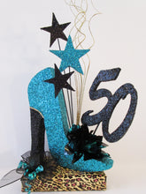 Load image into Gallery viewer, 50th turquoise high shoe with leopard birthday centerpiece - Designs by Ginny

