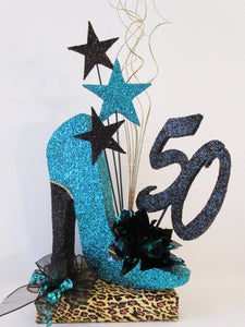 50th turquoise high shoe with leopard birthday centerpiece - Designs by Ginny