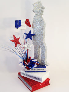Lincoln on faux stack of books, stars & usa cutout centerpiece - Designs by Ginny
