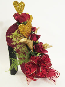 Burgundy roses Valentine centerpiece on high heel shoe - Designs by Ginny
