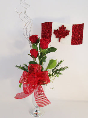Glittered Canadian Flag with red roses centerpiece - Designs by Ginny