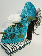 Load image into Gallery viewer, Turquoise high heel shoe with white roses centerpiece

