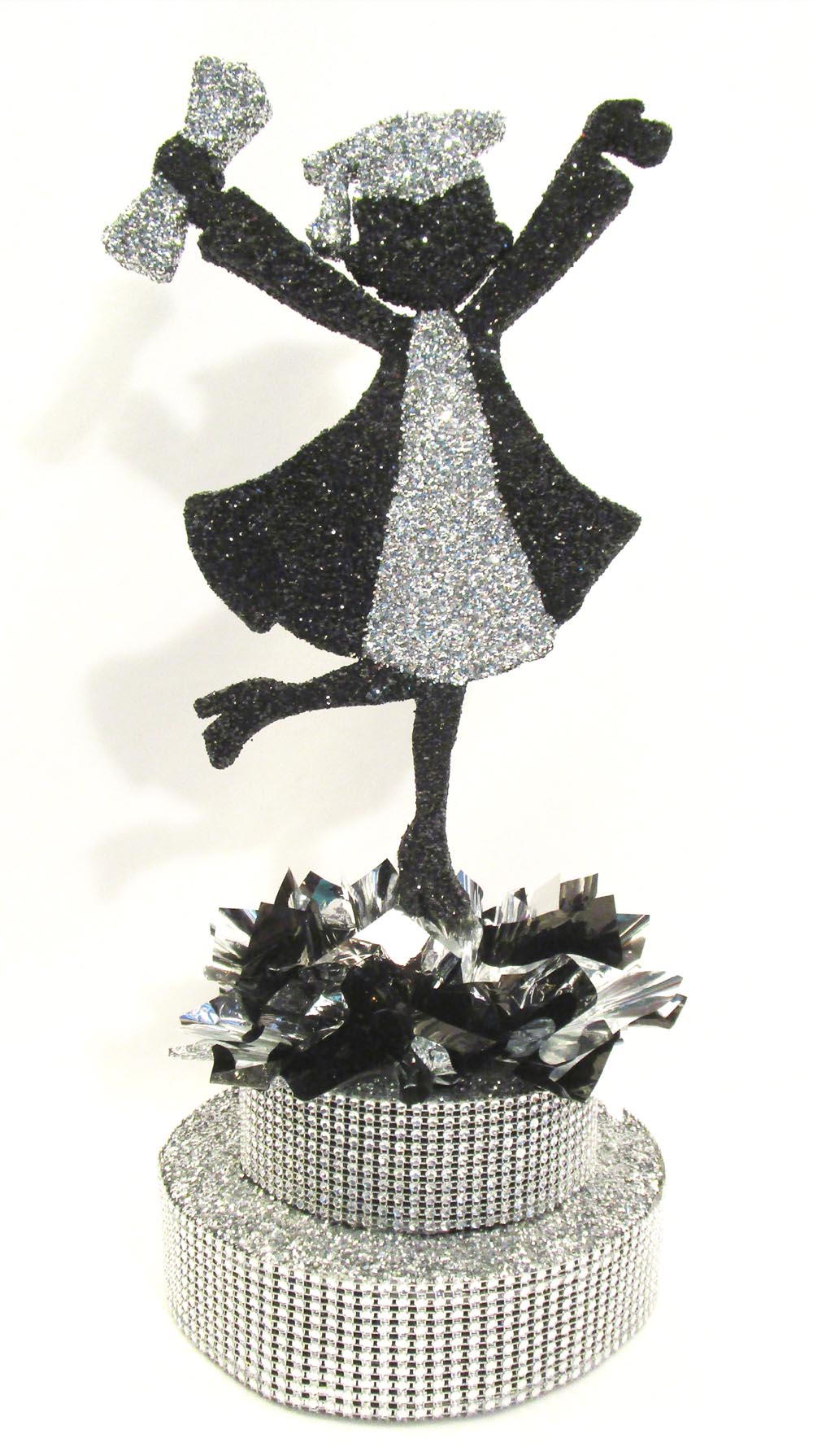 Grad Girl Hands in the Air on Rhinestone Base Centerpiece