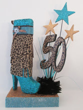 Load image into Gallery viewer, High heel boot with leopard fringe birthday centerpiece - Designs by Ginny
