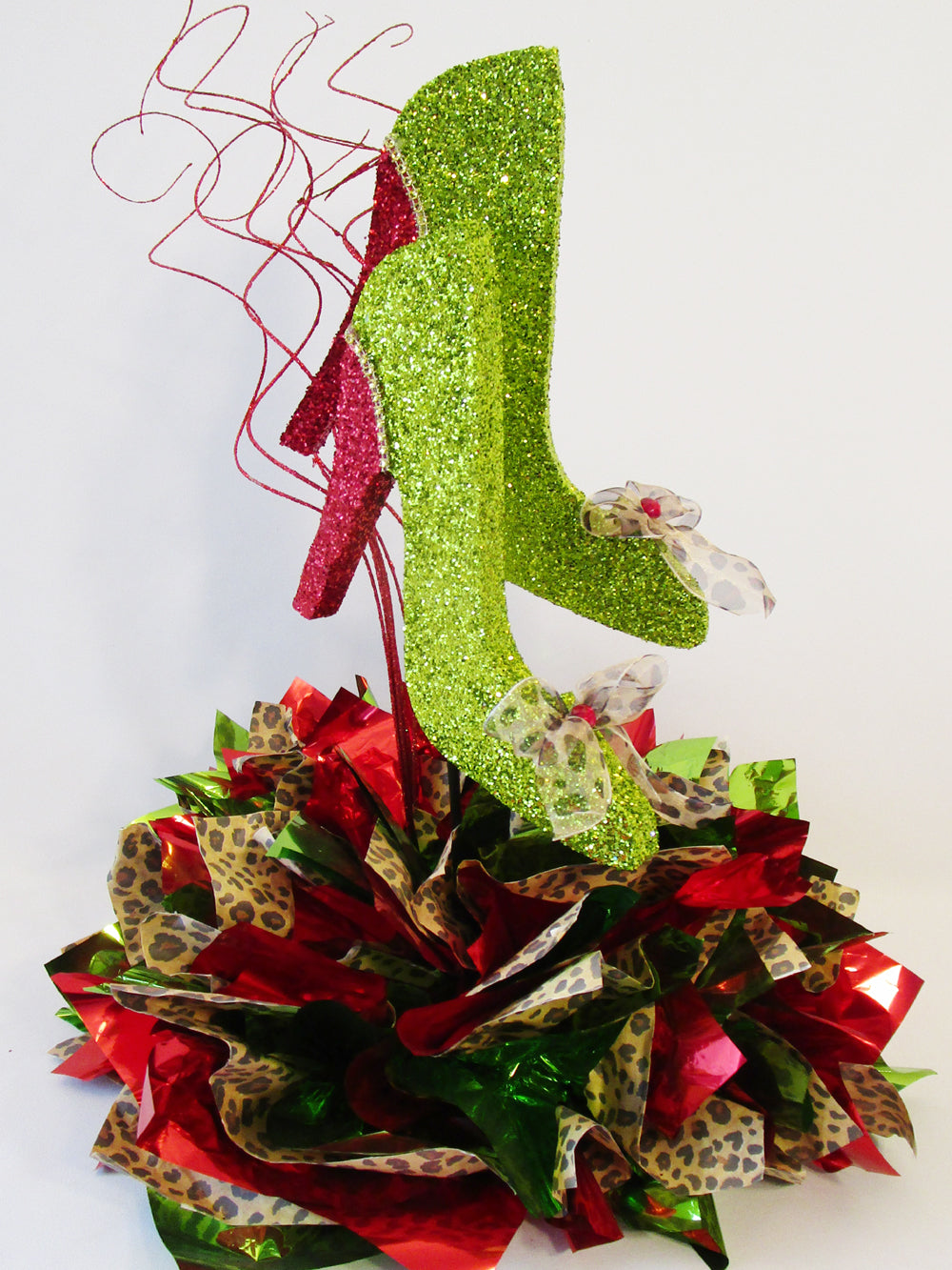 High heel shoes, lime green,red,& leopard themed centerpiece - Designs by Ginny