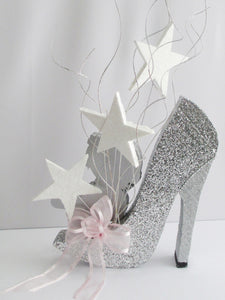 Baby on high heel shoe centerpiece back view  - Designs by Ginny