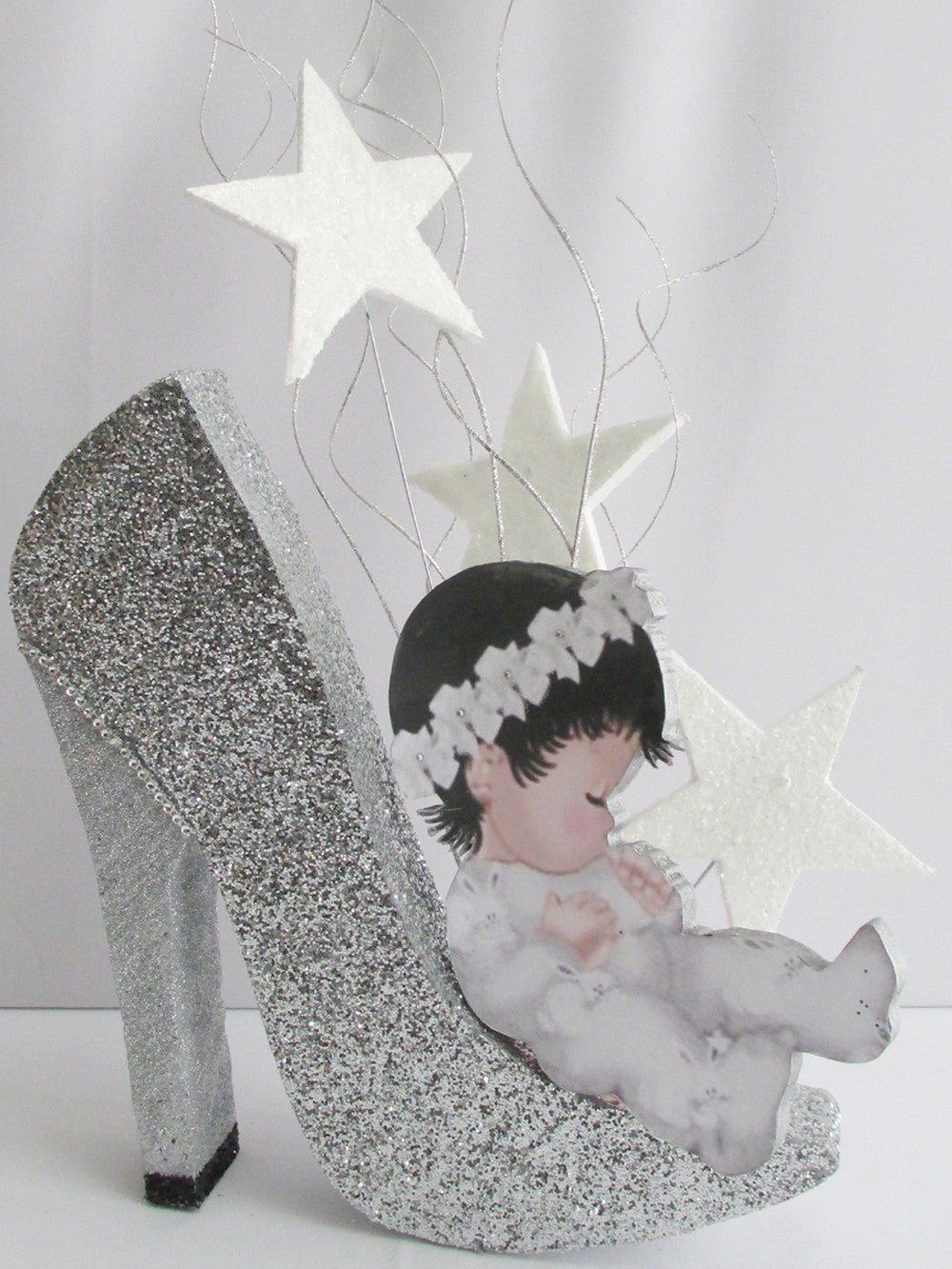 Baby on high heel shoe centerpiece - Designs by Ginny