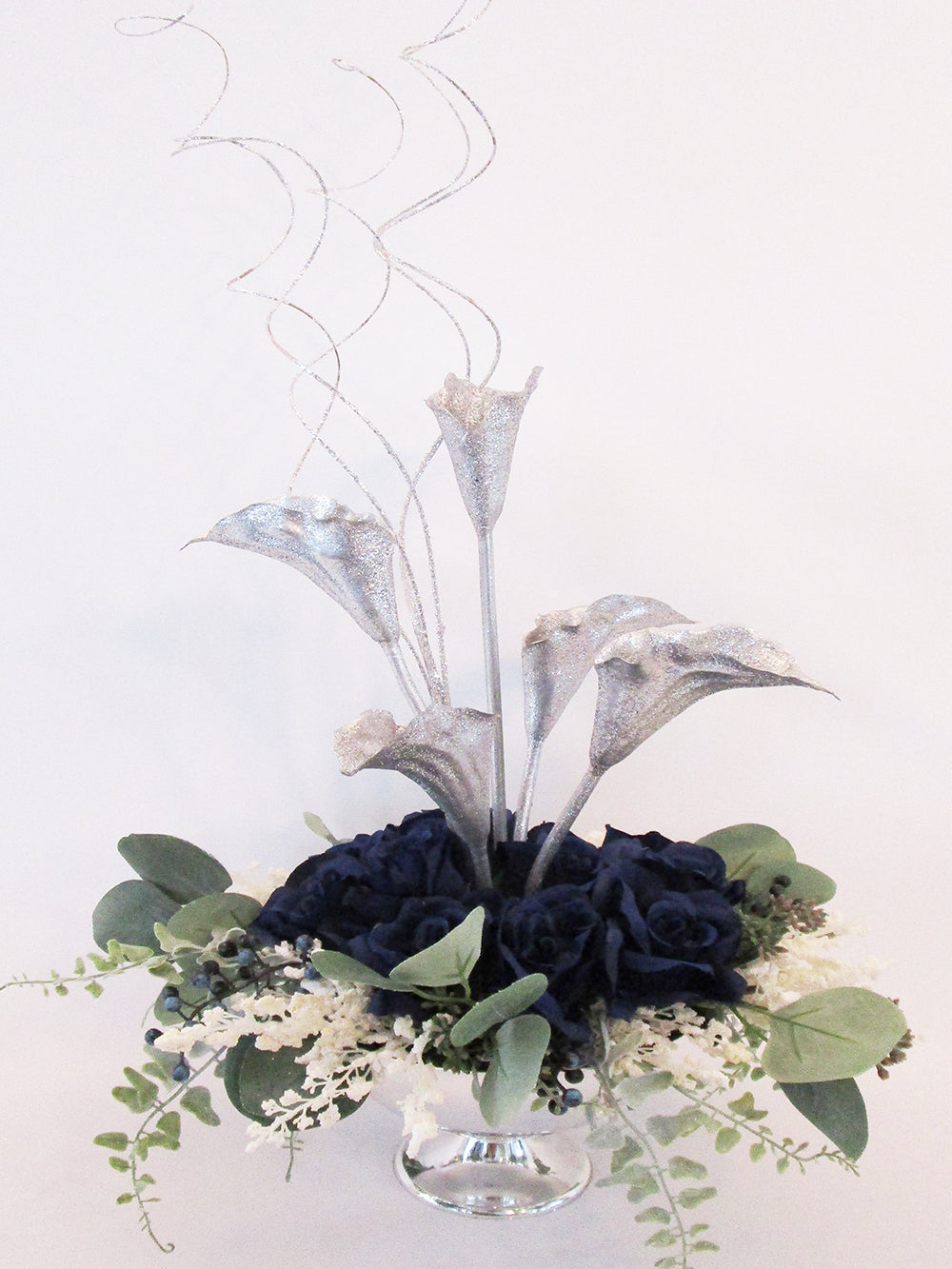 Blue Roses and Silver Lilies Table Centerpiece