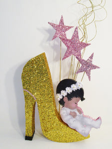 Baby on high heel shoe centerpiece - Designs by Ginny