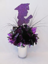Load image into Gallery viewer, Grad girl silhouette purple &amp; silver centerpiece - Designs by Ginny

