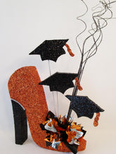 Load image into Gallery viewer, Grad caps on high heel shoe graduation centerpiece - Designs by Ginny
