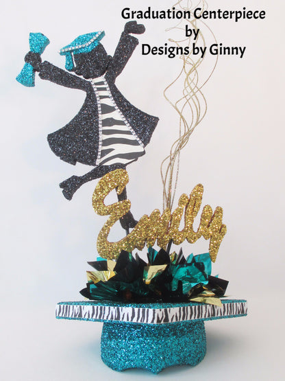 Grad Girl Centerpiece on Mortar Board Hat & Name Samples