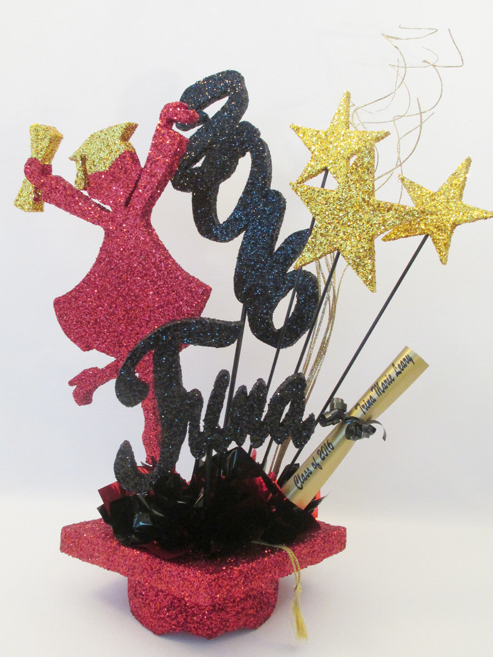 grad girls, stars, year, custom name on mortar board hat centerpiece - Deigns by Ginny