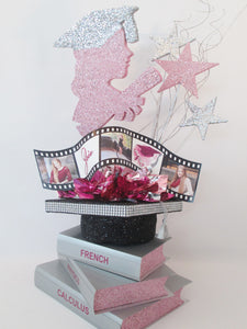 Grad girl silhouette with stack of books centerpiece - Designs by Ginny