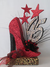 Load image into Gallery viewer, 45th high heel shoe centerpiece on leopard base - Designs by Ginny
