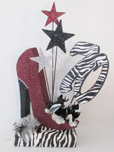 Load image into Gallery viewer, 70th burgundy high heel shoe with zebra print centerpiece - Designs by Ginny
