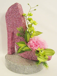 Pink High Heel Shoe with silk flowers centerpiece