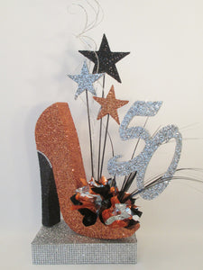 50th orange high heel shoe on glitter base centerpiece - Designs by Ginny