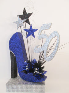 50th royal blue high heel shoe birthday centerpiece- Designs by Ginny