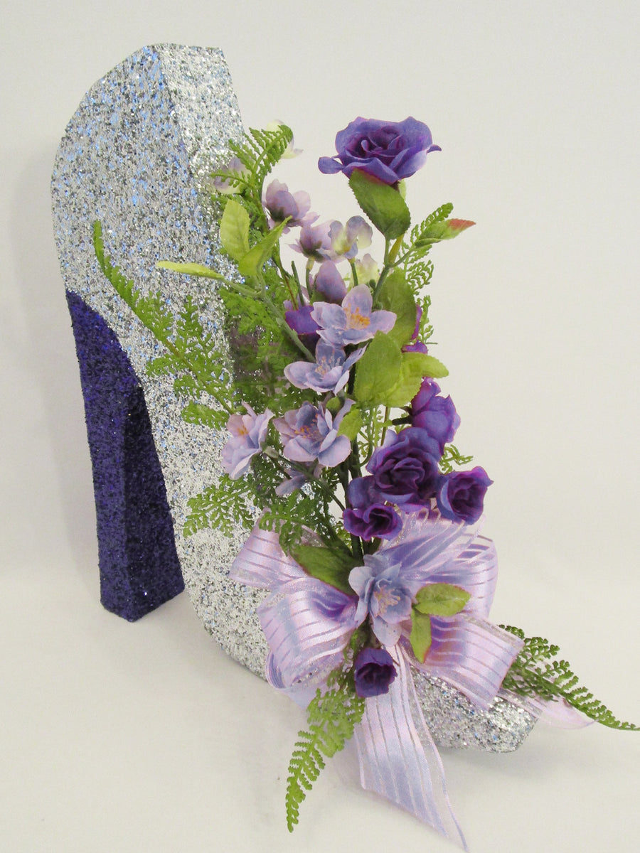 Purple and lavender high heel shoe centerpiece – Designs by Ginny