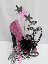 Load image into Gallery viewer, High heel shoe birthday centerpiece, on zebra base, 50 &amp; stars
