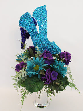 Purple & Turquoise Silk Floral High Heel centerpiece - Designs by Ginny