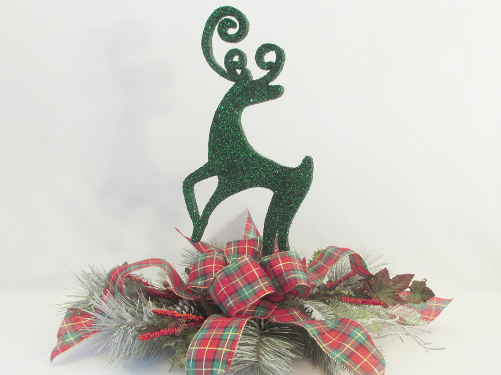 Styrofoam reindeer on plaid bow and greenery centerpiece - Designs by Ginny