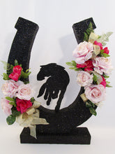 Load image into Gallery viewer, Trotting horse floral horseshoe centerpiece- Designs by Ginny
